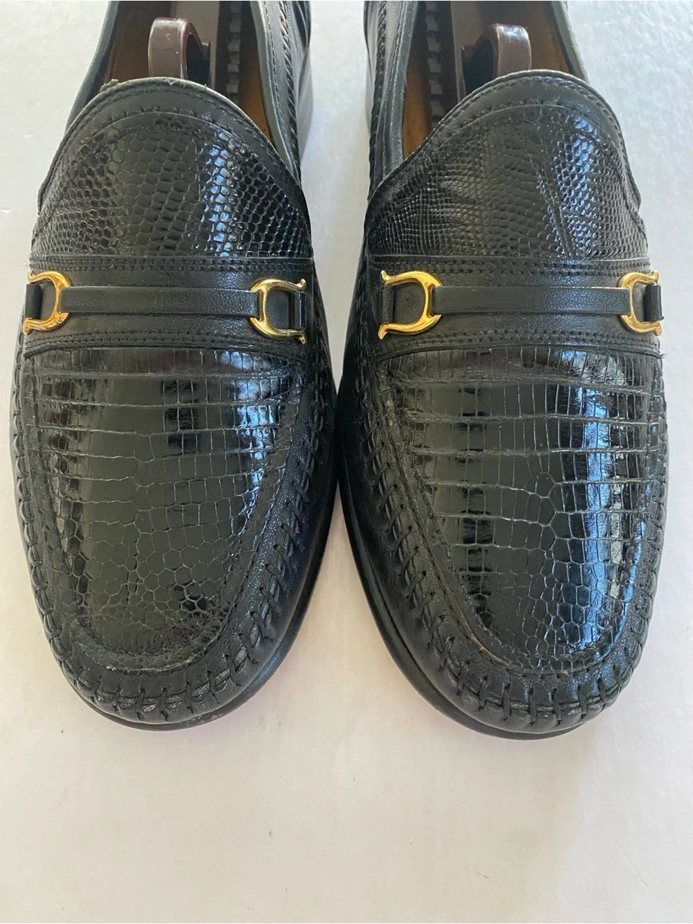 David Eden Black Fine Lizard Embossed Handmade Horsebit Loafers Size 7 Men’s